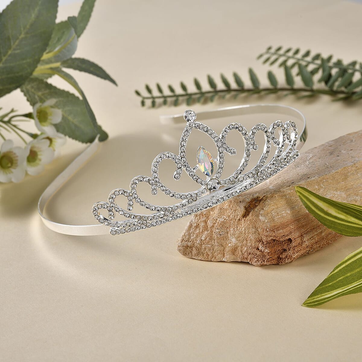 White Austrian Crystal, Glass Crown Tiara in Silvertone image number 1
