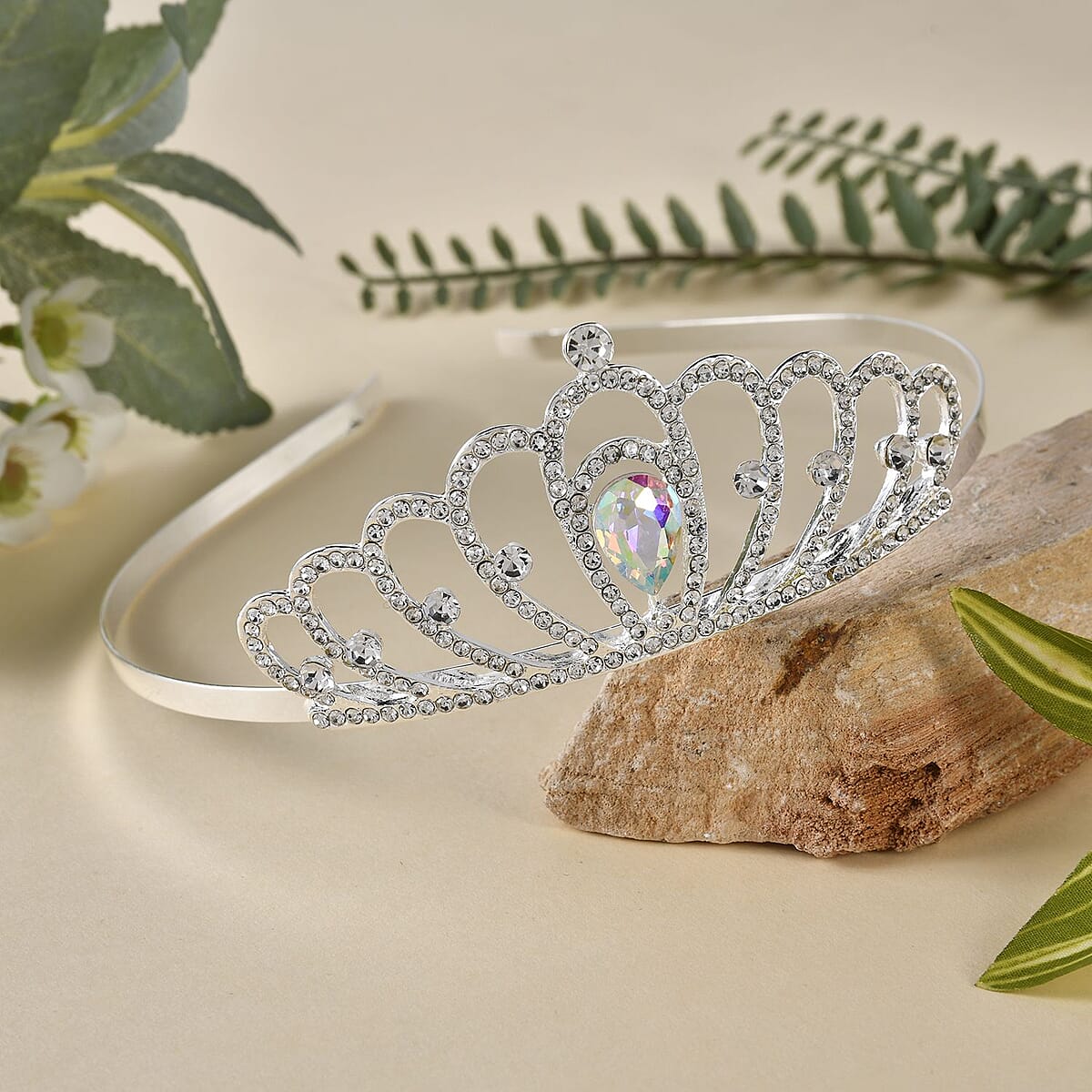 White Austrian Crystal, Glass Crown Tiara in Silvertone image number 1