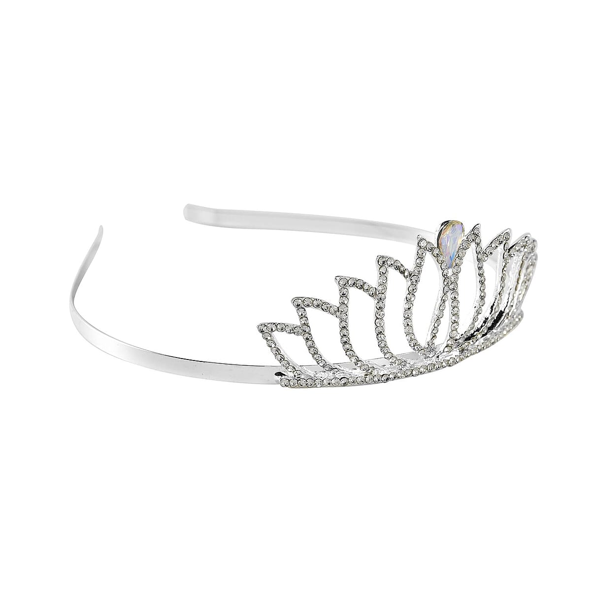 White Austrian Crystal, White Aurora Borealis Glass Crown Tiara in Silvertone image number 2