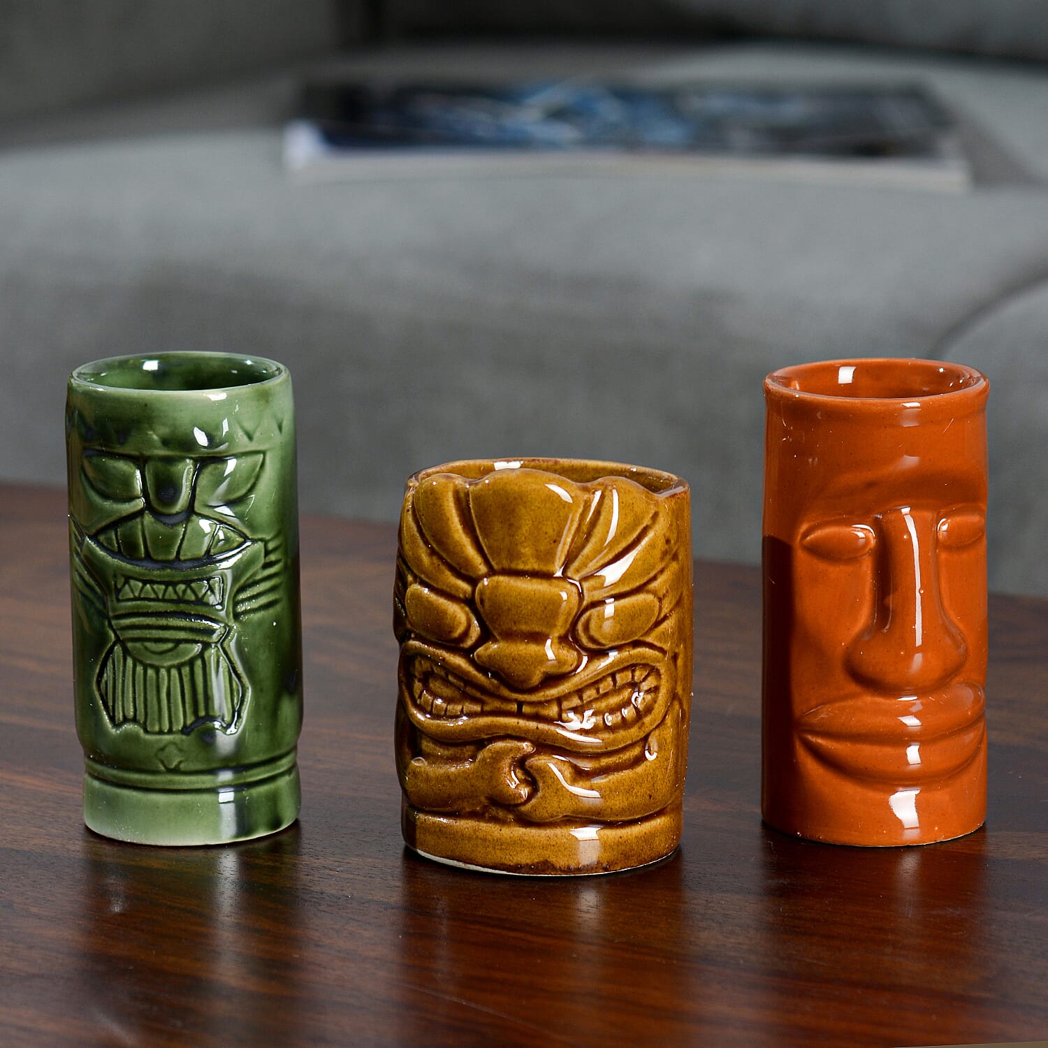 Set of 3 Multi Color Ceramics Tropical Hawaiian Tiki Mugs