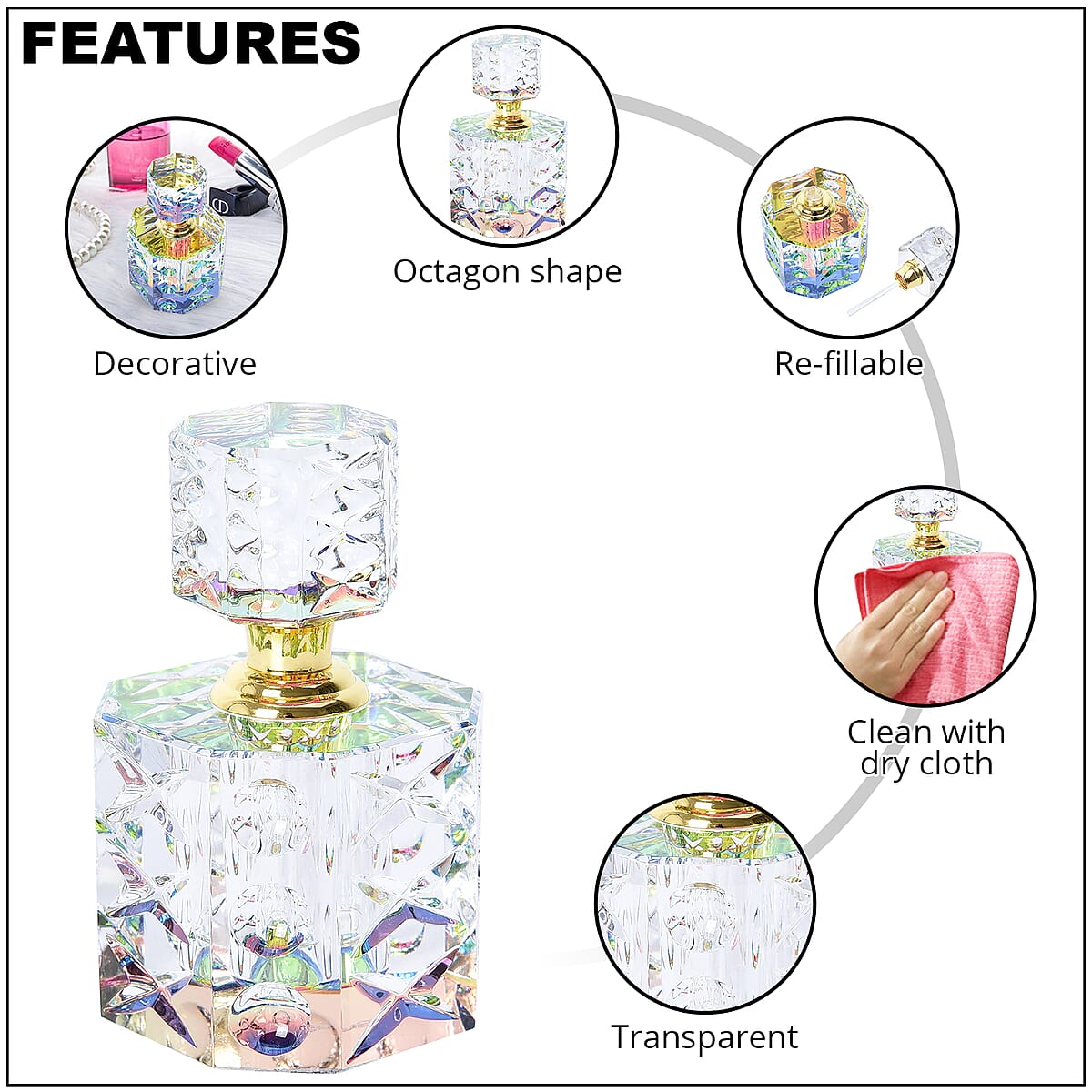 Octagon Decorative & Functional Re-fillable Perfume Bottle (5 ml) , Small Glass Perfume Bottle , Most Beautiful Perfume Oil Bottles , 5ml Perfume Bottle image number 2