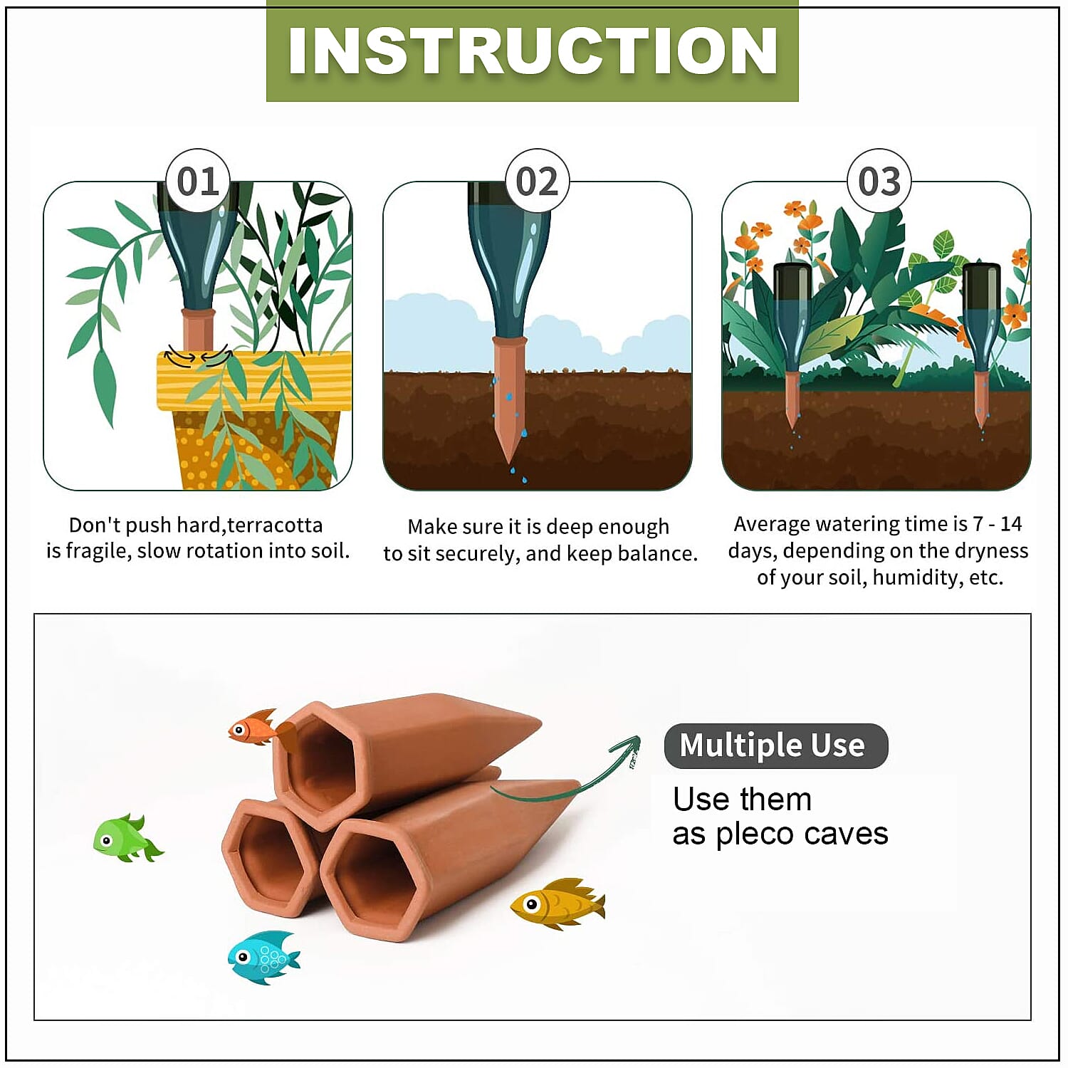 Handcrafted, Eco-friendly, Made In India, Drip irrigation set of 4 Terracotta Ceramic Self Watering Plant Feeder Spikes