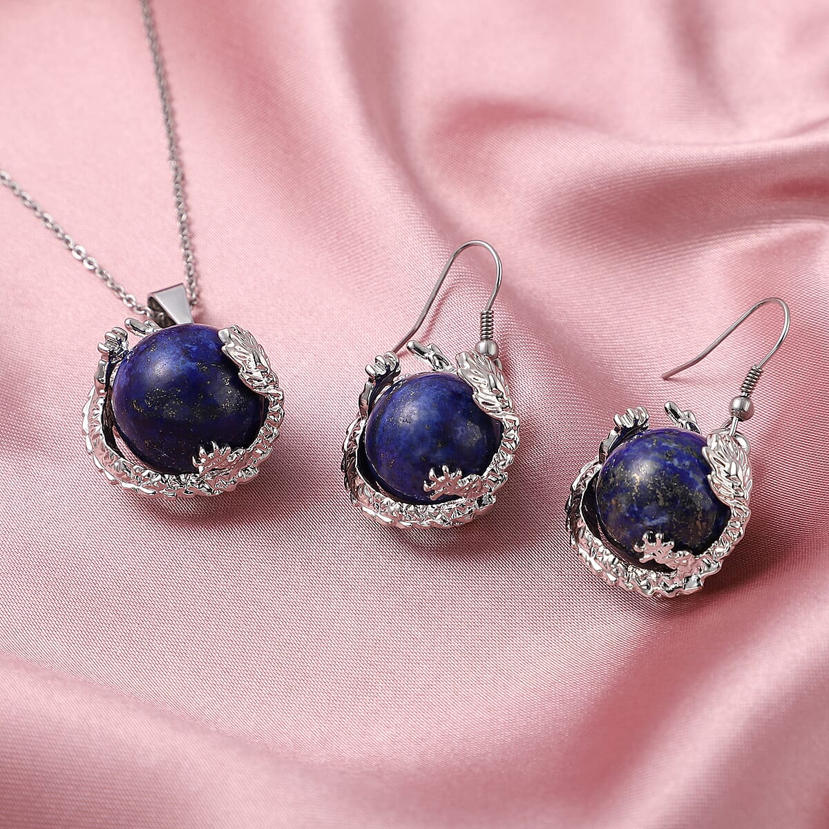 Lapis Lazuli Earrings and Pendant Necklace 24 Inches in Stainless Steel 105.00 ctw image number 1