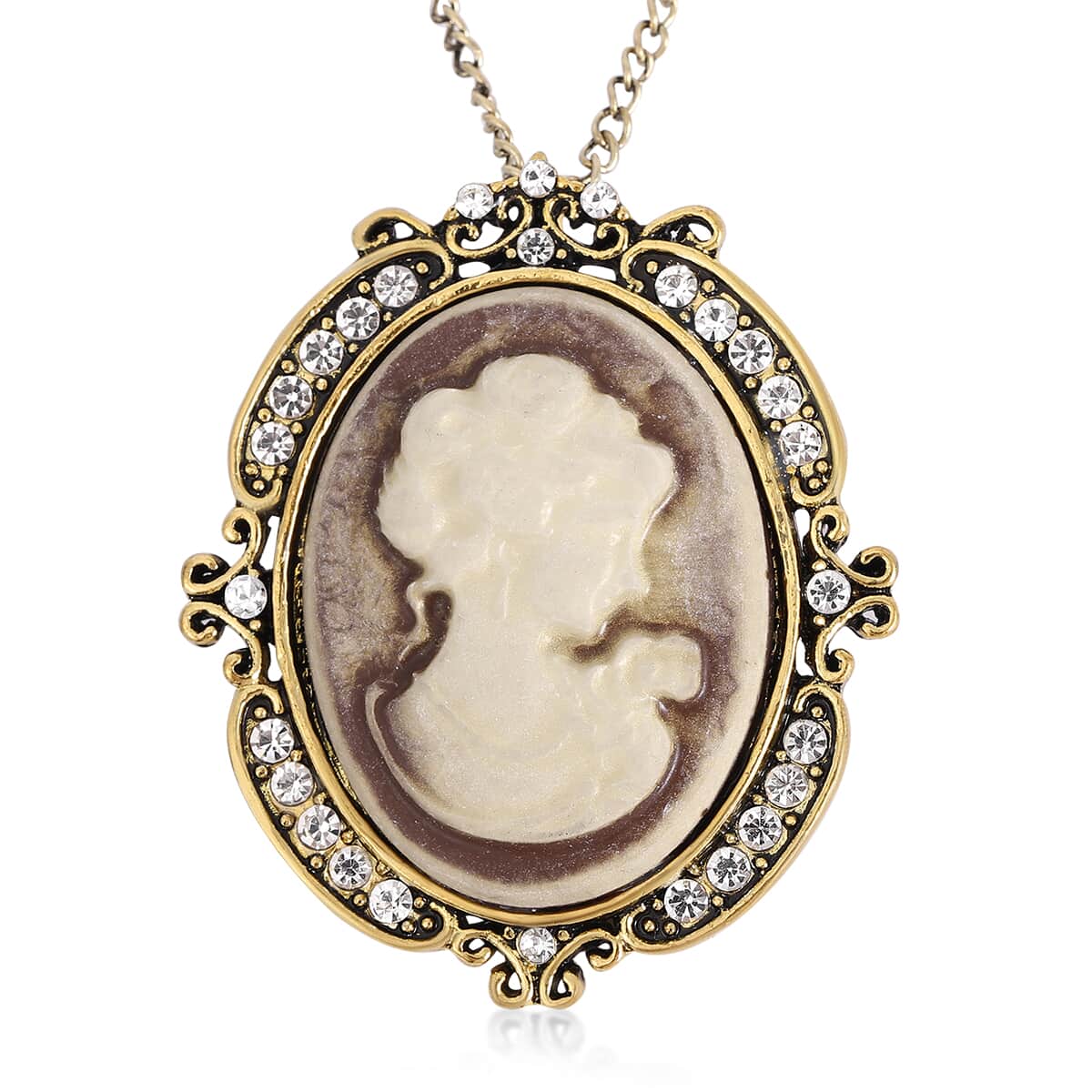 Cameo and White Austrian Crystal Pendant Necklace 24-26 Inches in Goldtone image number 0