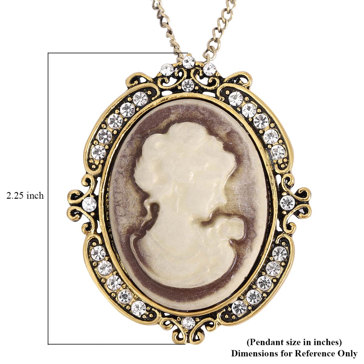 Cameo and White Austrian Crystal Pendant Necklace 24-26 Inches in Goldtone image number 4