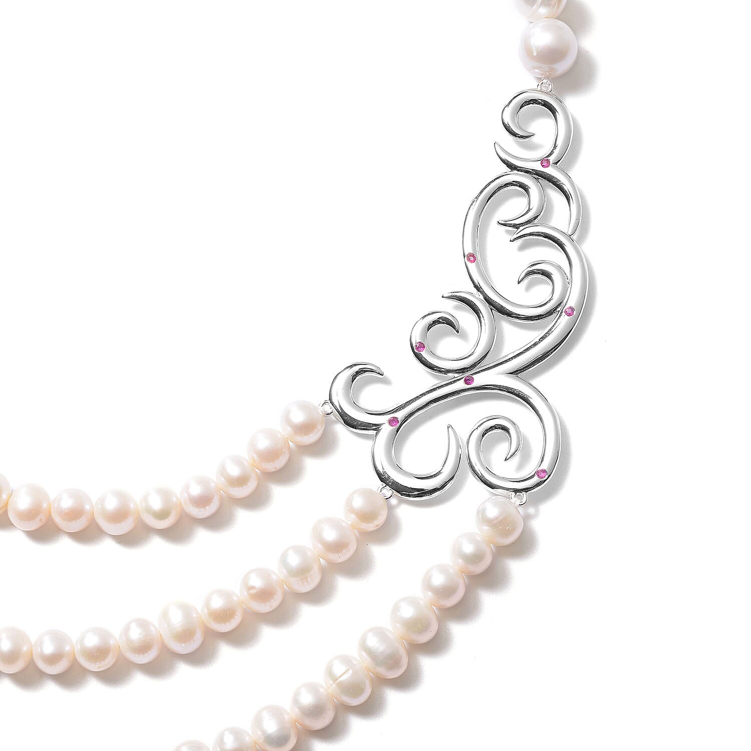 Freshwater Pearl and Niassa Ruby (FF) 0.13 ctw Necklace in Sterling Silver (20 Inches)