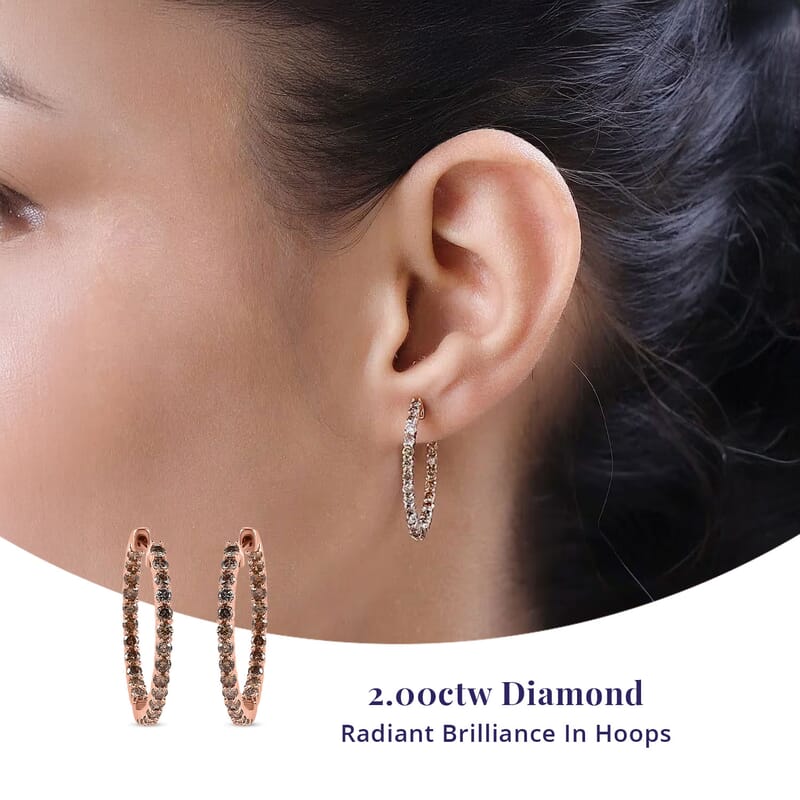 Luxoro Natural Champagne Diamond I3 2.00 ctw Inside Out Hoop Earrings in 10K Rose Gold