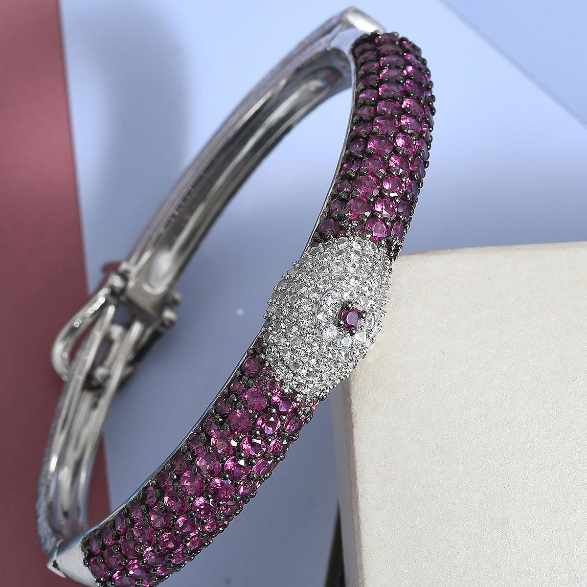 11 CTW Orissa Rhodolite Garnet and Zircon Adjustable Buckle Bangle Bracelet in Platinum Over Sterling Silver 7.25 Inch