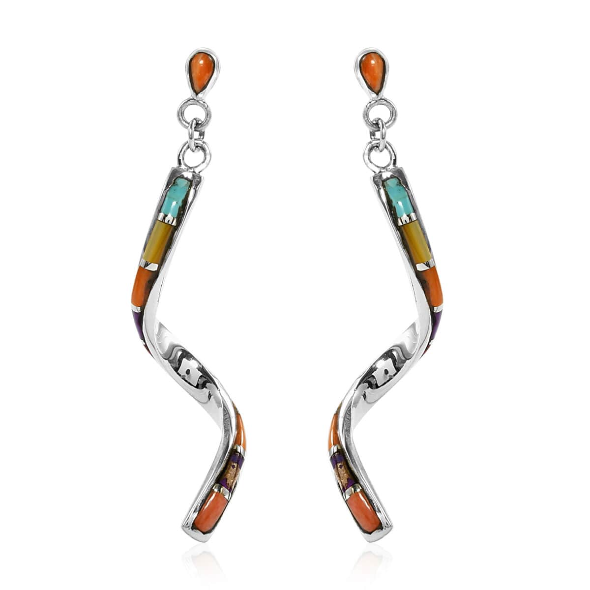 Santa Fe Style Kingman Turquoise and Multi Gemstone Swirl Earrings in Sterling Silver 1.20 ctw image number 0