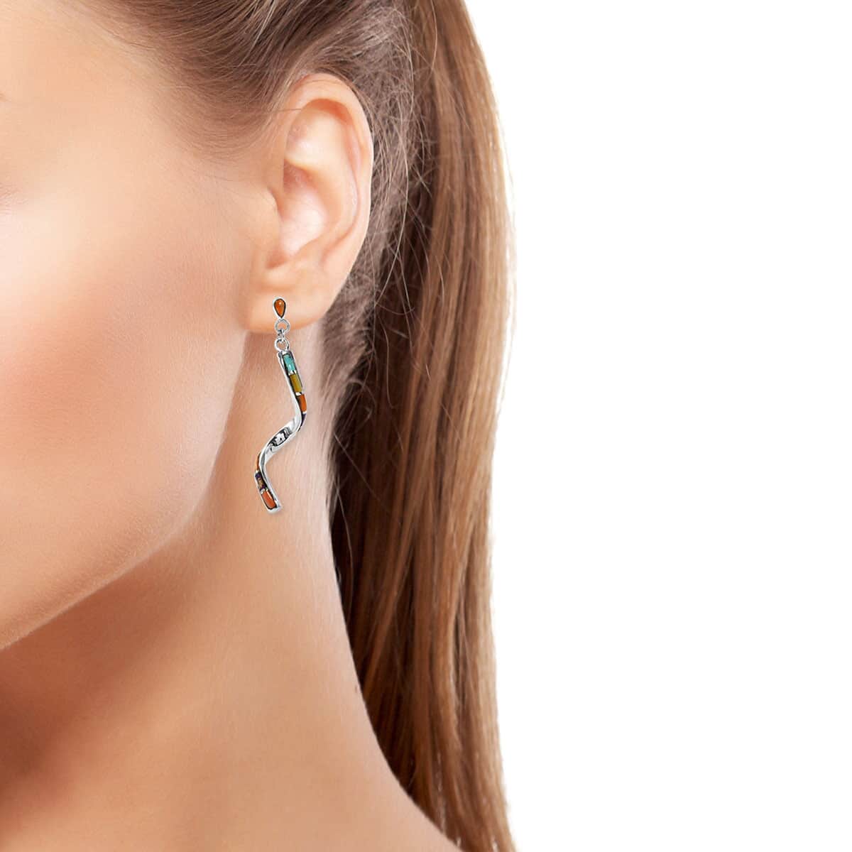 SANTA FE Style Kingman Turquoise and Multi Gemstone Swirl Earrings in Sterling Silver 1.20 ctw image number 1