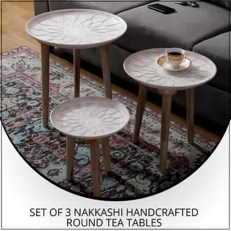 NAKKASHI Handcrafted Set of 3 MDF and Mango Wooden Lotus Chakra Pattern Round Tea Tables, Vintage Antique Tea Table, Tea Party Table Centerpieces image number 1