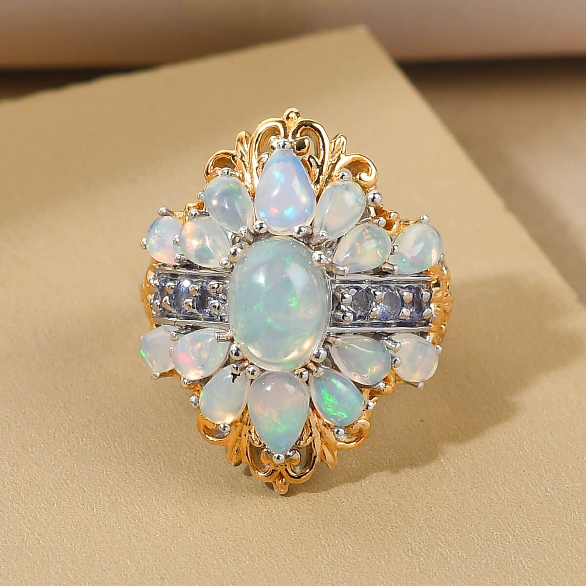 Premium Ethiopian Welo Opal and Tanzanite Ring in Vermeil Yellow Gold and Platinum Over Sterling Silver (Size 6.0) 7.60 Grams 3.75 ctw image number 1