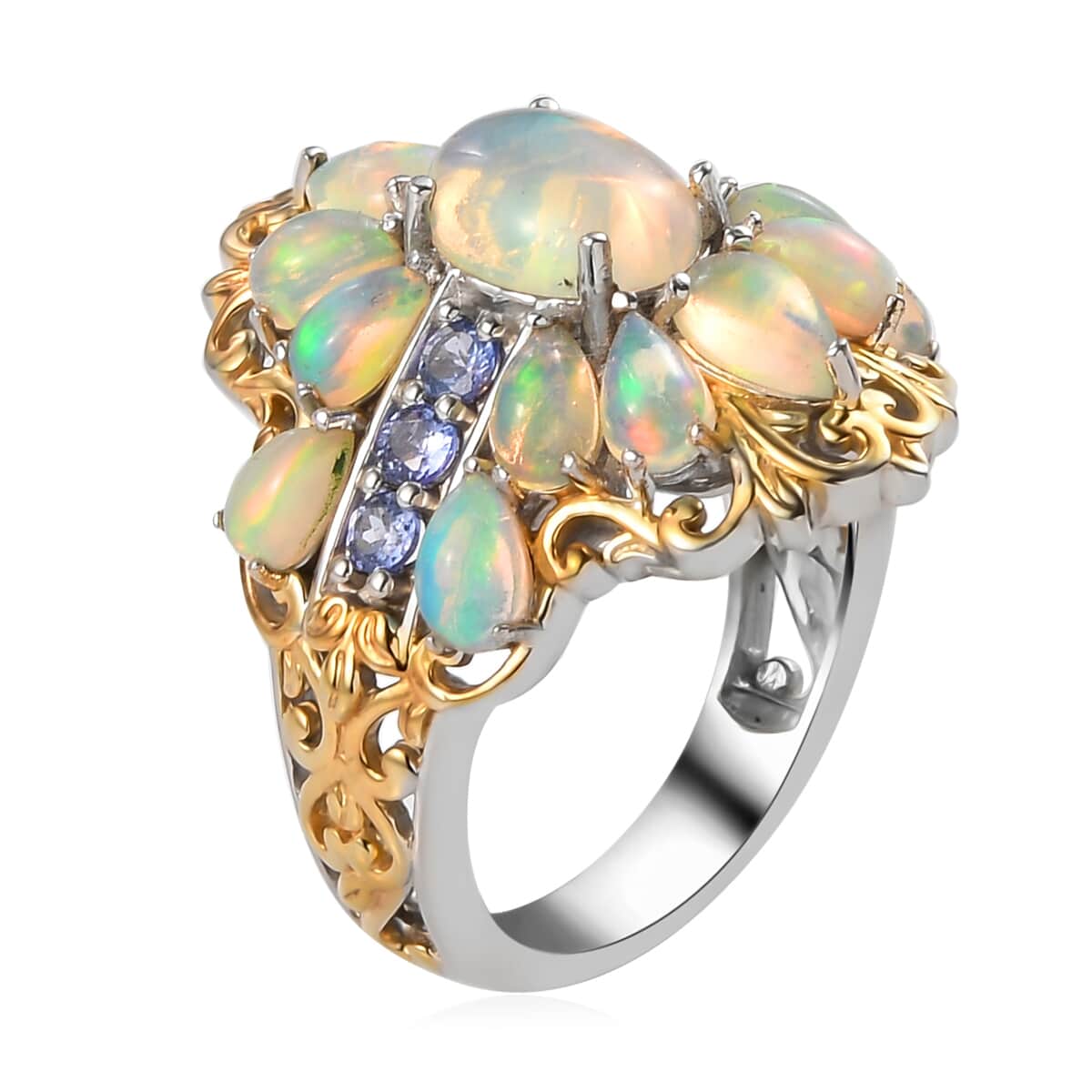 Premium Ethiopian Welo Opal and Tanzanite Ring in Vermeil Yellow Gold and Platinum Over Sterling Silver (Size 6.0) 7.60 Grams 3.75 ctw image number 3