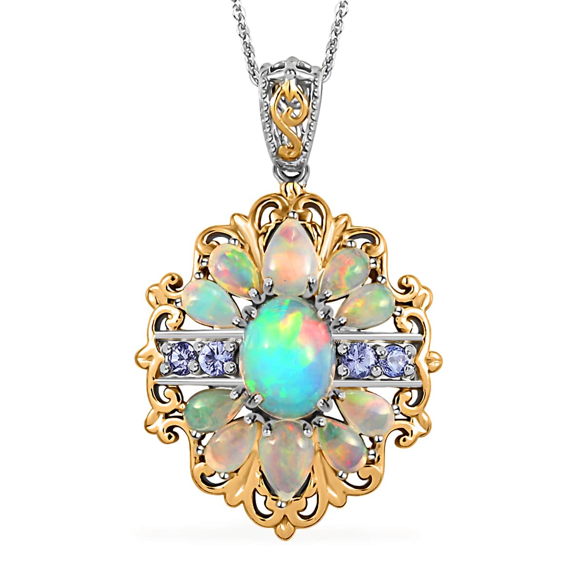 Premium Ethiopian Welo Opal and Tanzanite Pendant Necklace 20 Inches in Vermeil Yellow Gold and Platinum Over Sterling Silver 3.15 ctw image number 0