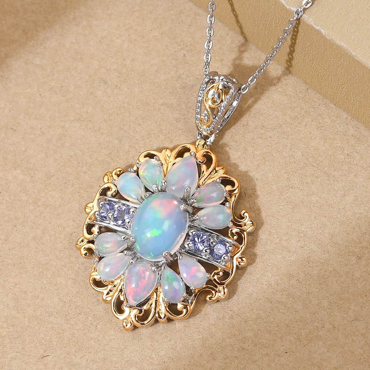 Premium Ethiopian Welo Opal and Tanzanite Pendant Necklace 20 Inches in Vermeil Yellow Gold and Platinum Over Sterling Silver 3.15 ctw image number 1