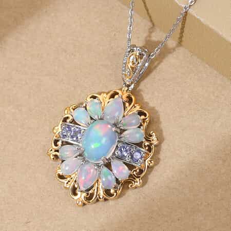 3.15 ctw Ethiopian Welo Opal and Tanzanite Pendant Necklace 20 Inch in Vermeil Yellow Gold and Platinum Over Sterling Silver image number 1