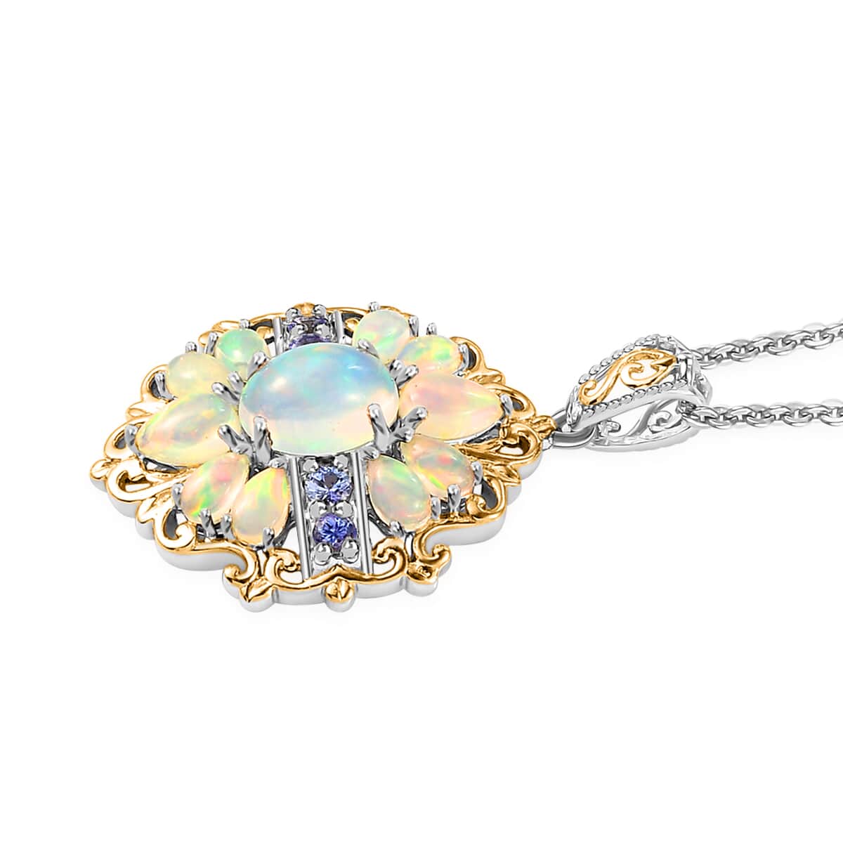 Premium Ethiopian Welo Opal and Tanzanite Pendant Necklace 20 Inches in Vermeil Yellow Gold and Platinum Over Sterling Silver 3.15 ctw image number 3