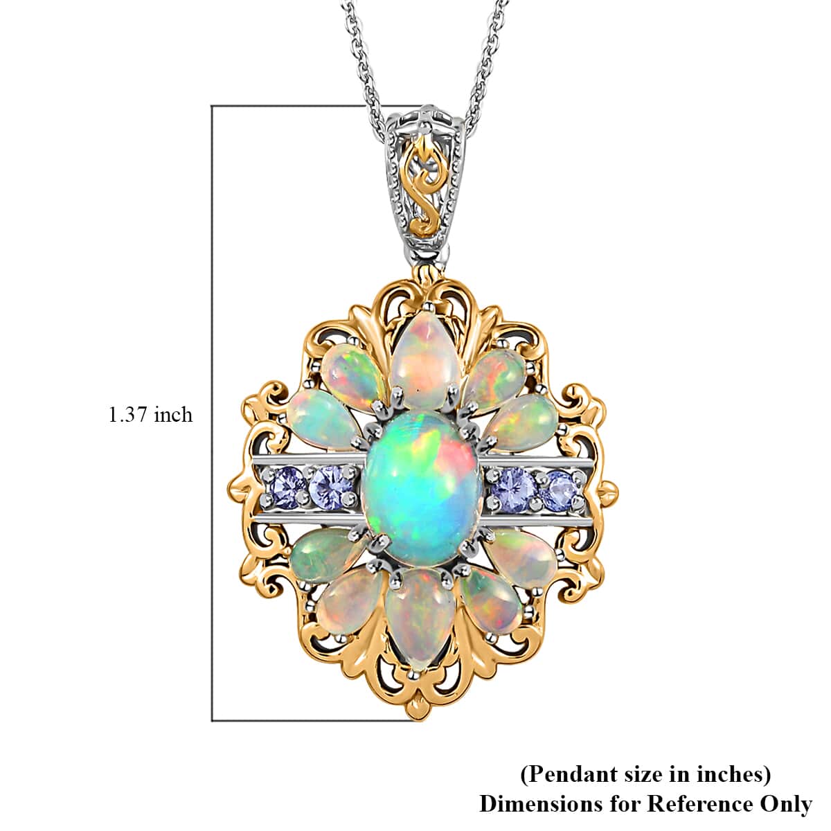 Premium Ethiopian Welo Opal and Tanzanite Pendant Necklace 20 Inches in Vermeil Yellow Gold and Platinum Over Sterling Silver 3.15 ctw image number 6