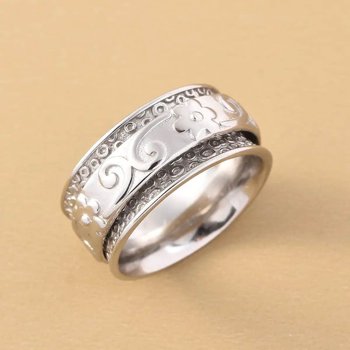 Sterling Silver Floral Scroll Concave Spinner Band Ring, Promise Rings (Size 5.0) 4.40 Grams image number 1