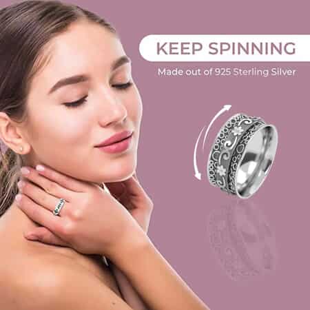 Sterling Silver Floral Scroll Concave Spinner Band Ring, Promise Rings (Size 5.0) 4.40 Grams image number 4