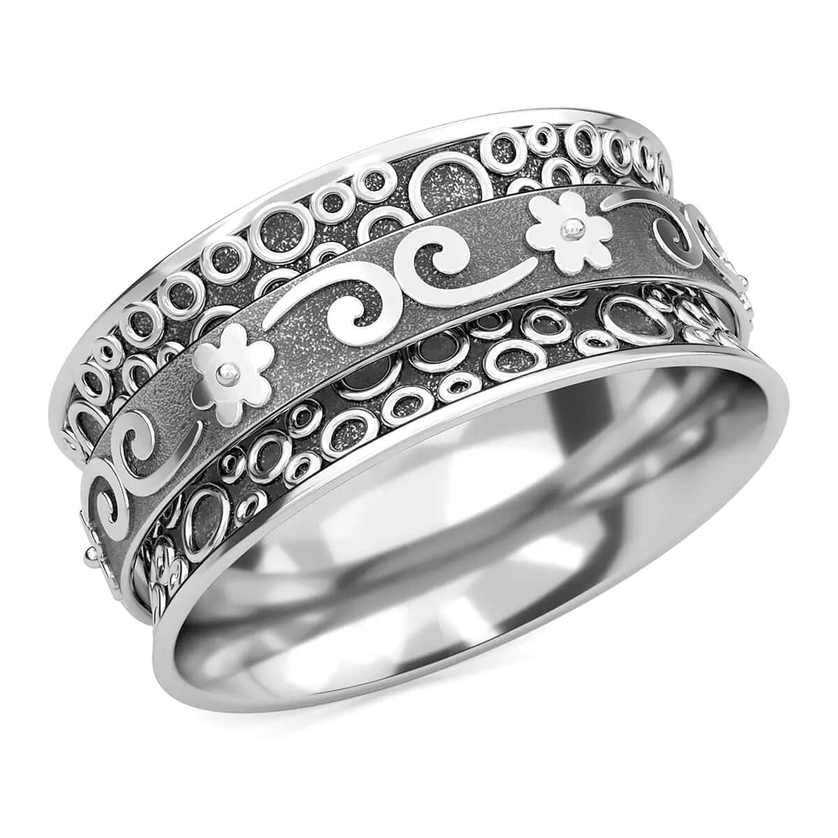 Floral Scroll Concave Spinner Band Ring in Sterling Silver, Fidget Rings for Anxiety, Stress Relieving Anxiety Ring Band, Promise Rings (4.40 g) (Size 7.0) image number 0