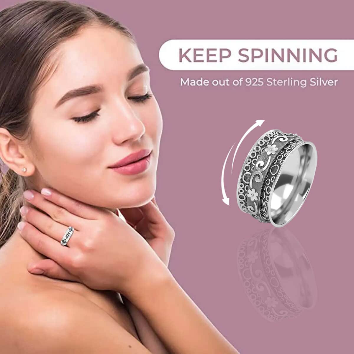 Floral Scroll Concave Spinner Band Ring in Sterling Silver, Fidget Rings for Anxiety, Stress Relieving Anxiety Ring Band, Promise Rings (4.40 g) (Size 7.0) image number 4