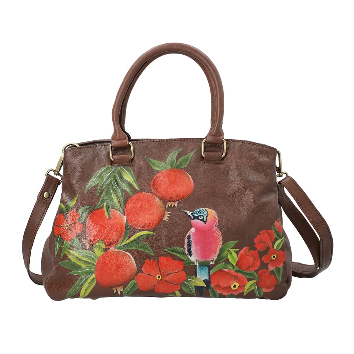 SUKRITI Brown Flower and Bird Hand Painted 100% Genuine Leather Shoulder Bag with Adjustable Handle Strap image number 0