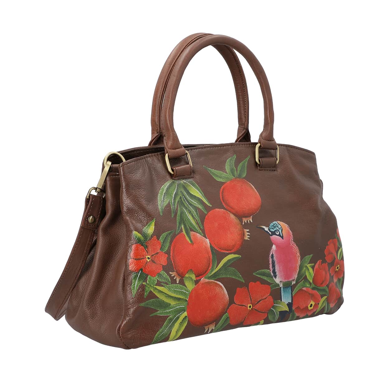 SUKRITI Brown Flower and Bird Hand Painted 100% Genuine Leather Shoulder Bag with Adjustable Handle Strap image number 1