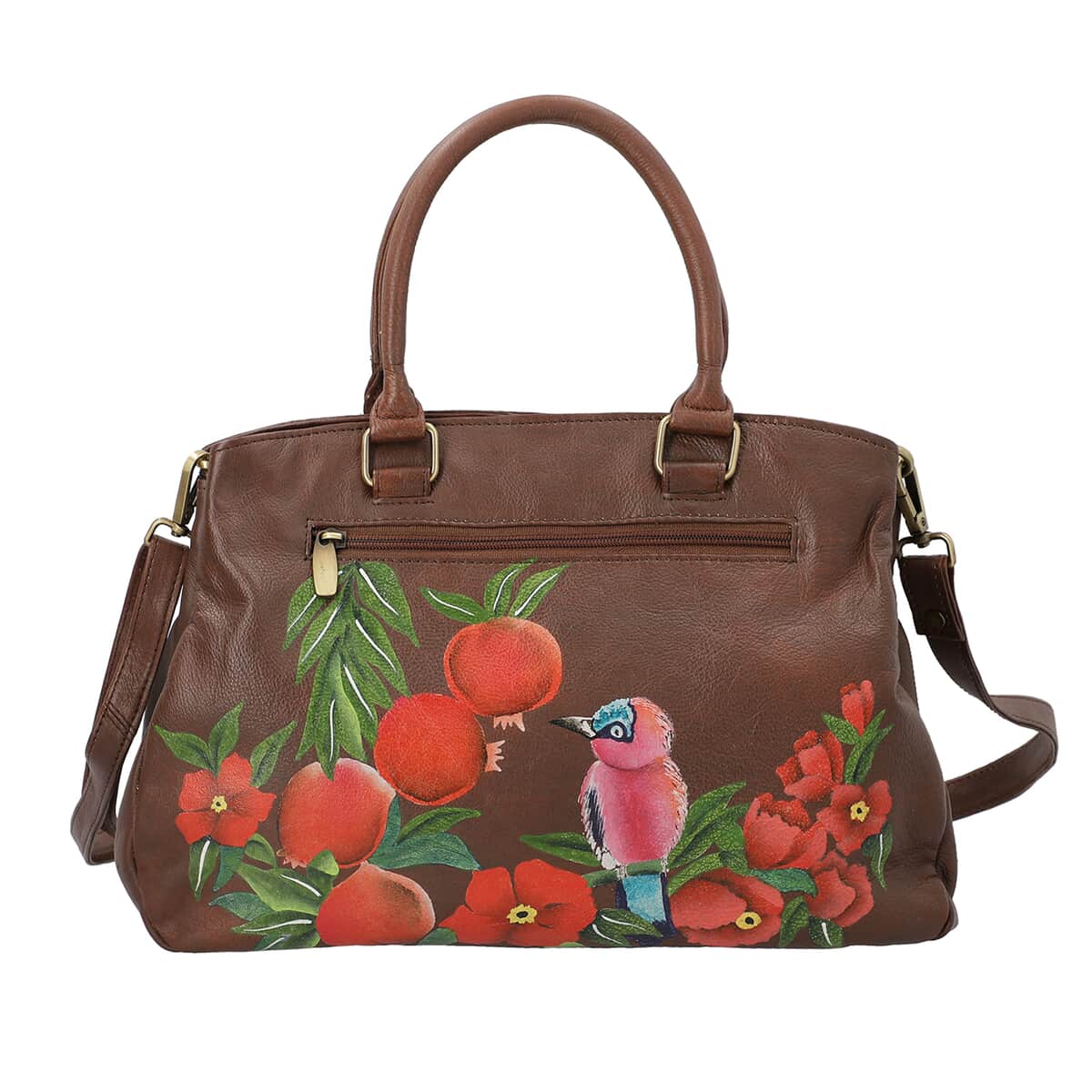 SUKRITI Brown Flower and Bird Hand Painted 100% Genuine Leather Shoulder Bag with Adjustable Handle Strap image number 2
