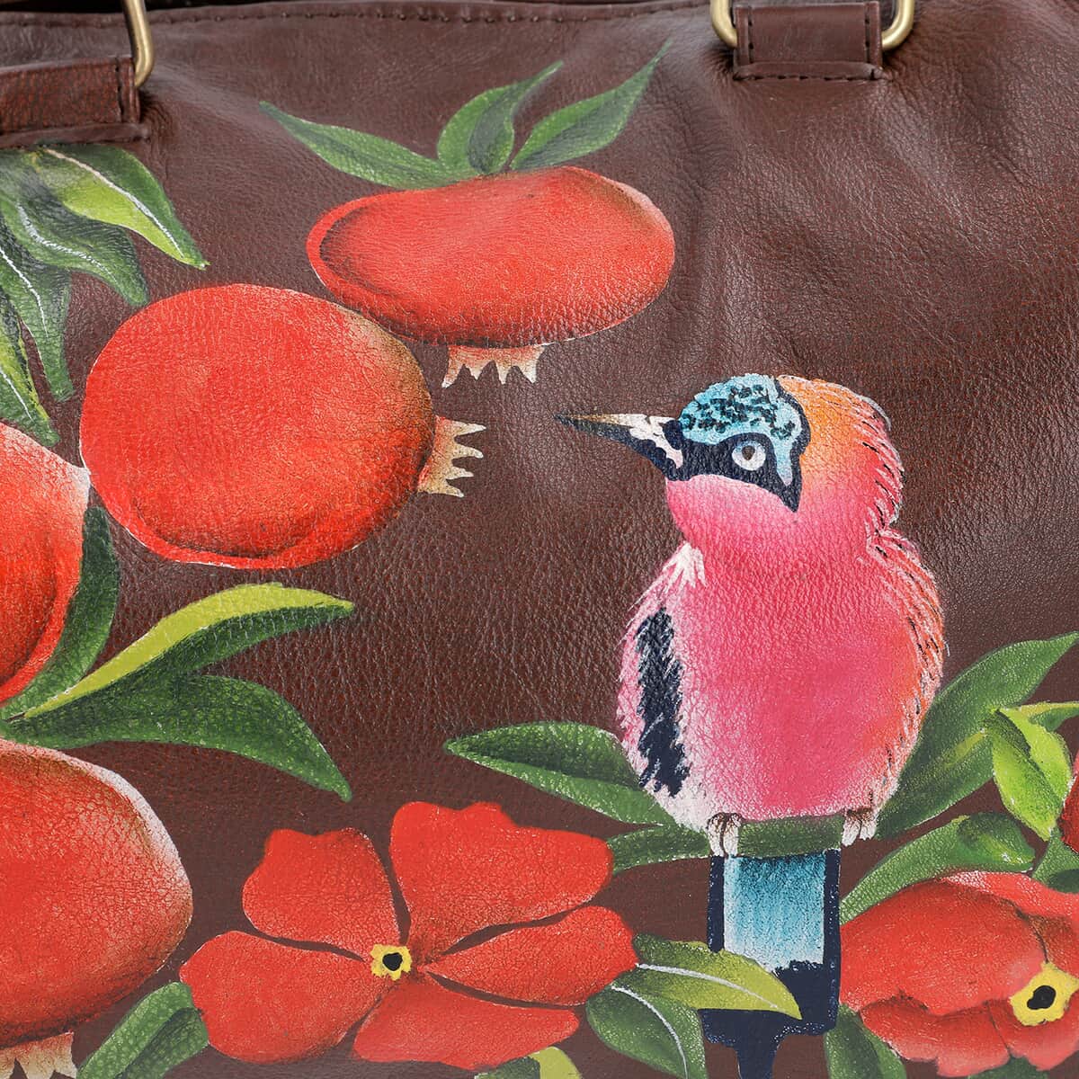 SUKRITI Brown Flower and Bird Hand Painted 100% Genuine Leather Shoulder Bag with Adjustable Handle Strap image number 4