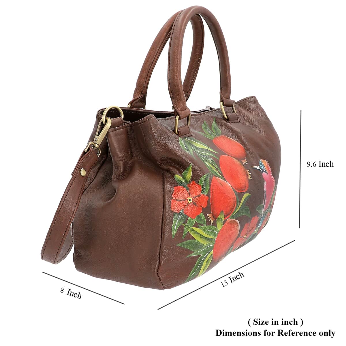 SUKRITI Brown Flower and Bird Hand Painted 100% Genuine Leather Shoulder Bag with Adjustable Handle Strap image number 5