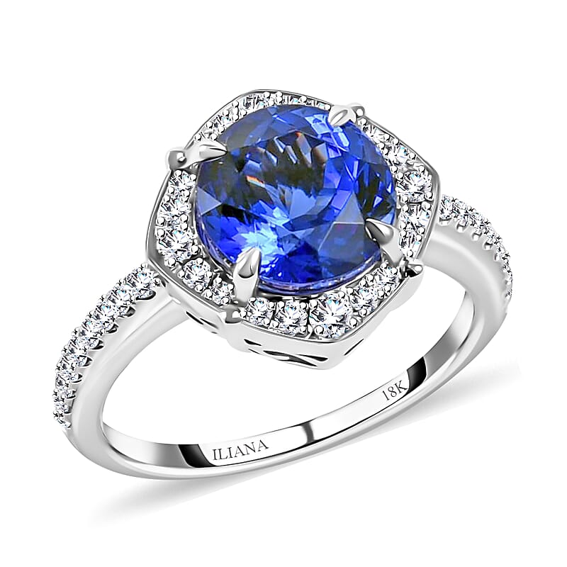 Iliana 18K White Gold AAA Tanzanite and G-H SI Diamond Halo Ring (Size 7.0) 5.34 Grams 4.15 ctw