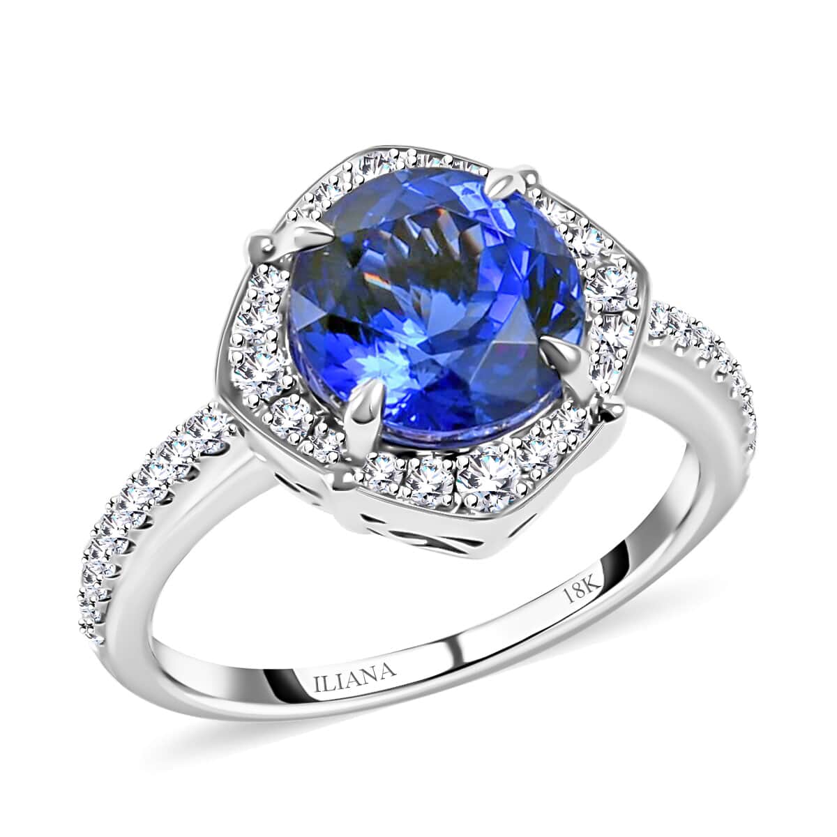 Iliana 18K White Gold AAA Tanzanite and G-H SI Diamond Halo Ring (Size 8.0) 5.34 Grams 4.15 ctw image number 0