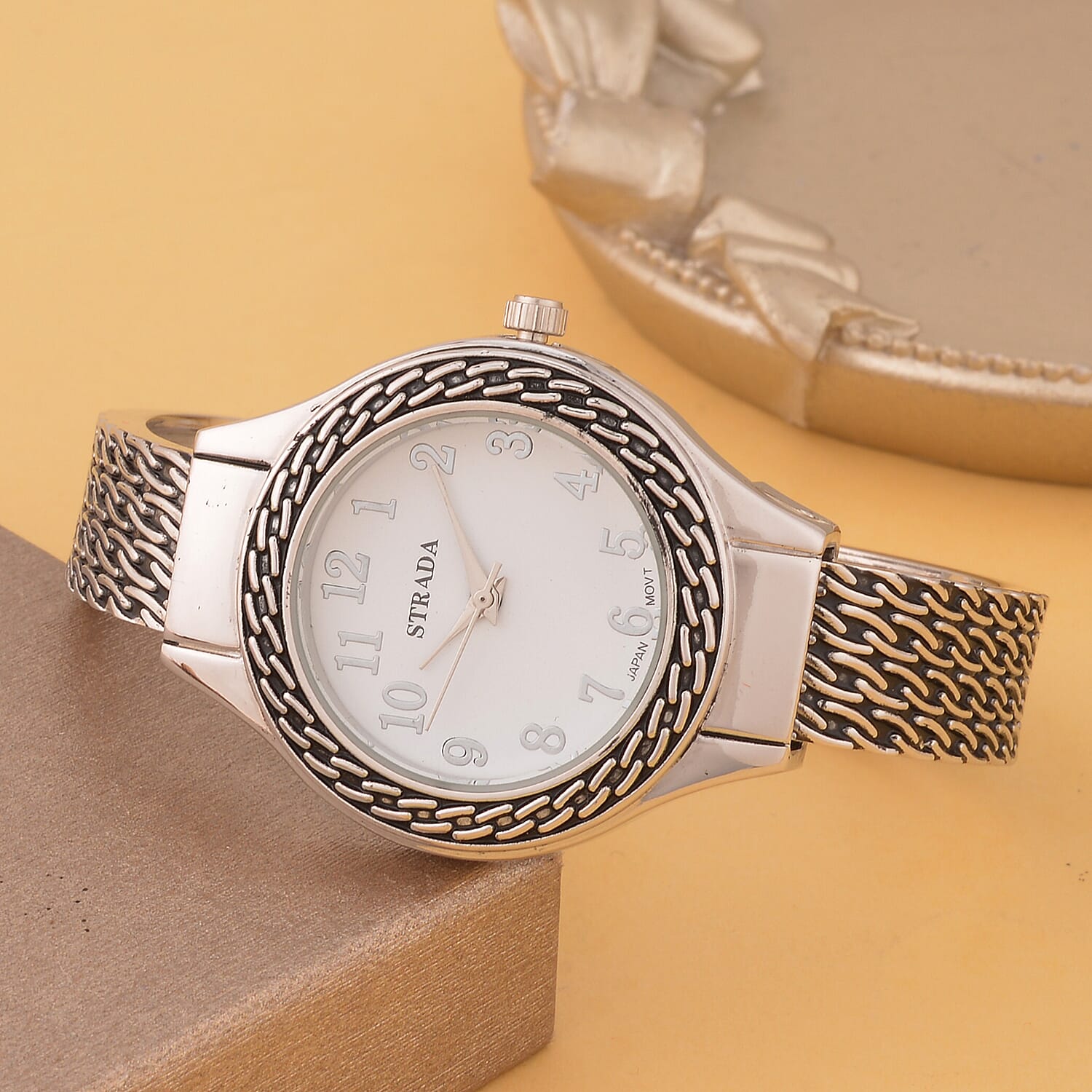 Strada Japanese Movement Cuff Watch in Black Oxidized Silvertone with Stainless Steel Back (26.67-33.27mm)