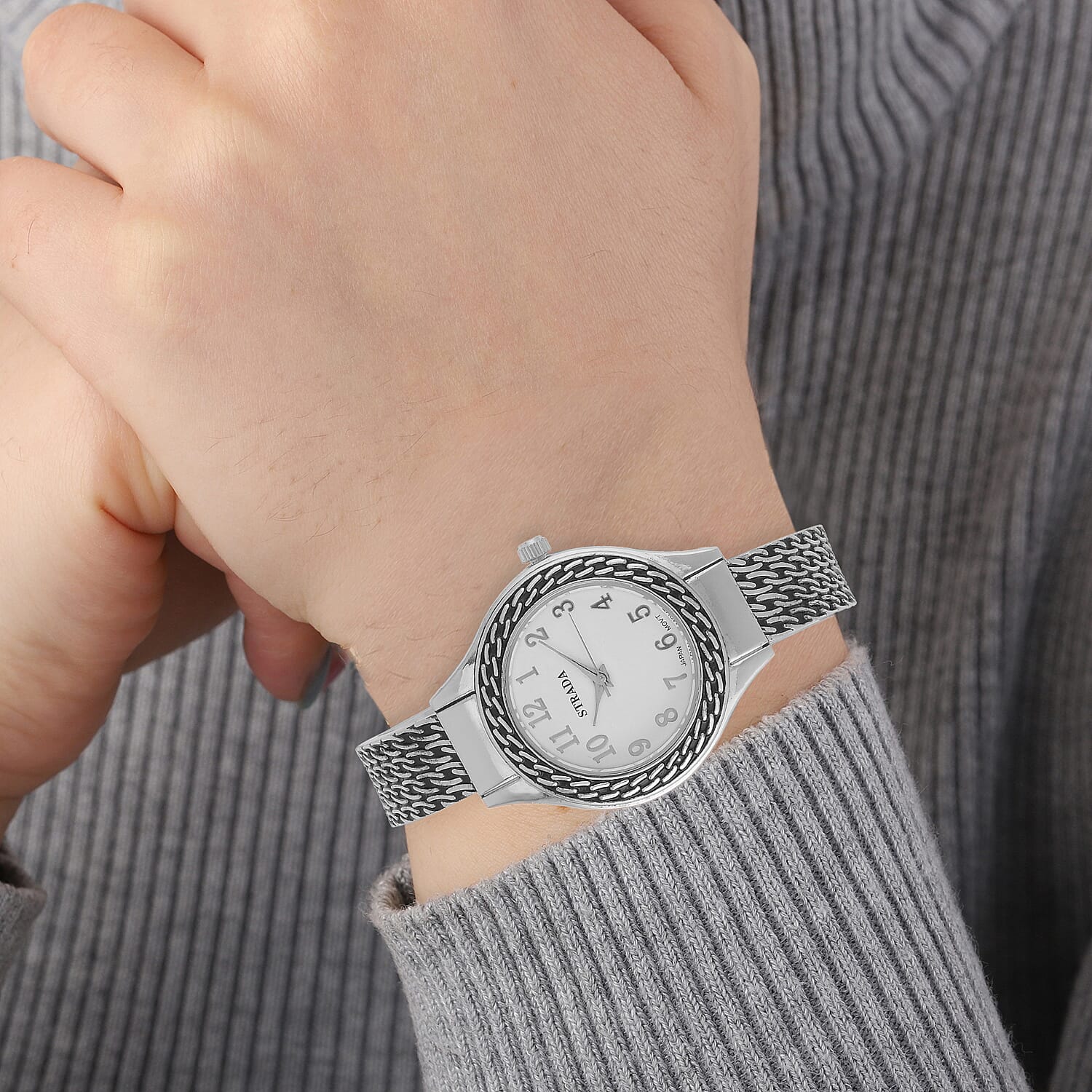 Strada Japanese Movement Cuff Watch in Black Oxidized Silvertone with Stainless Steel Back (26.67-33.27mm)