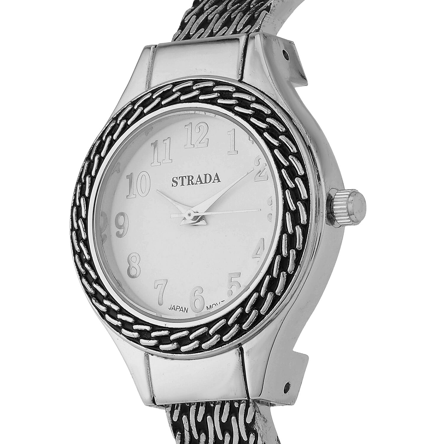 Strada Japanese Movement Cuff Watch in Black Oxidized Silvertone with Stainless Steel Back (26.67-33.27mm)