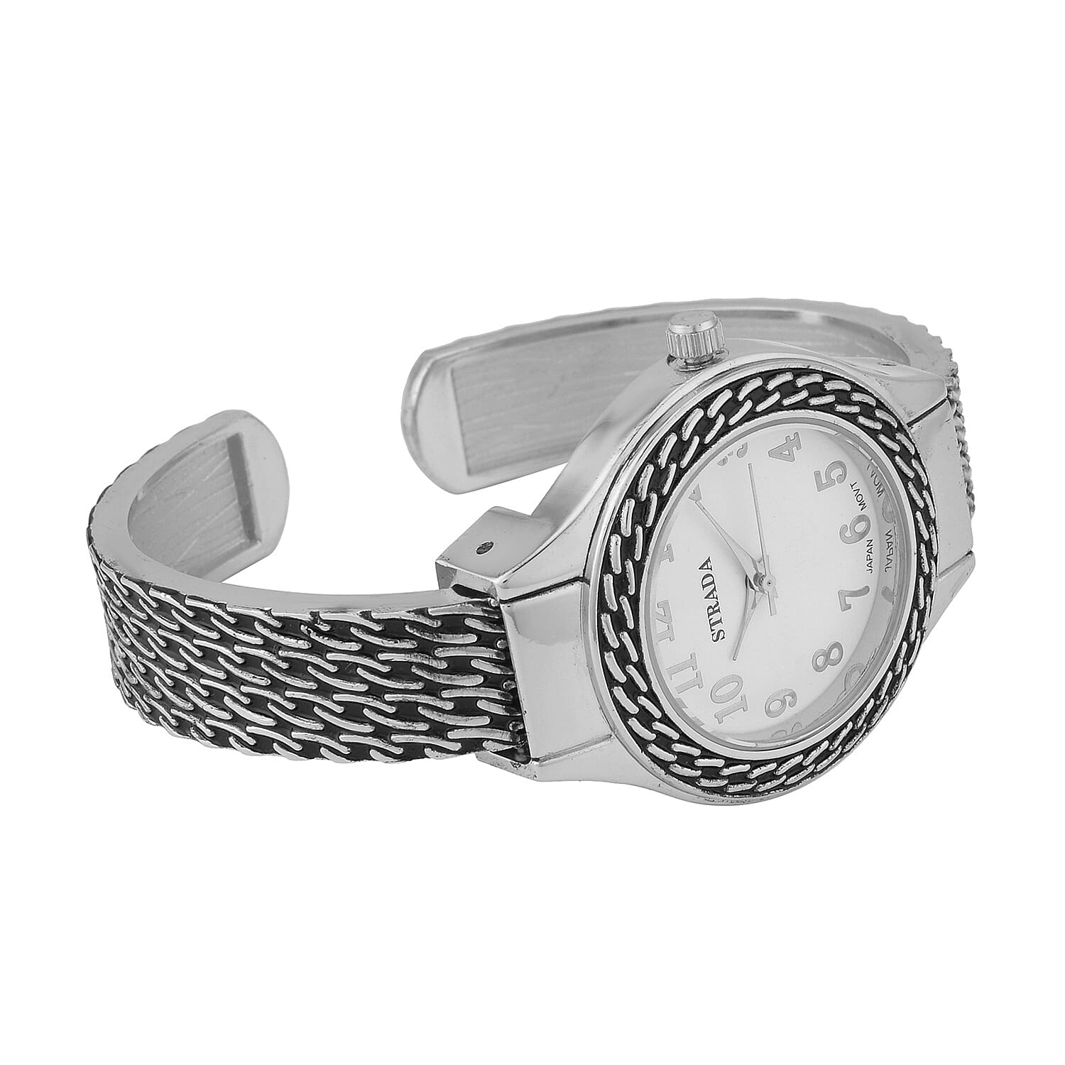 Strada Japanese Movement Cuff Watch in Black Oxidized Silvertone with Stainless Steel Back (26.67-33.27mm)