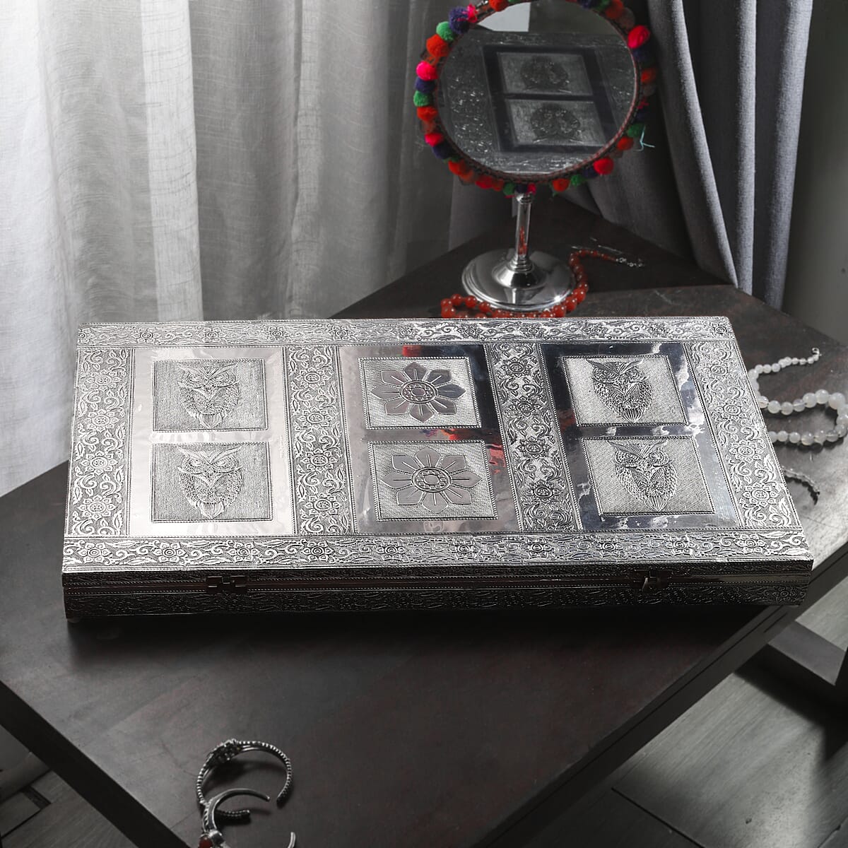 Largest Ever Hand Crafted Oxidized Owl Embossed Jewelry Box with Scratch Protection Interior image number 1