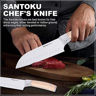 HOMESMART Santoku Chef's Knife in Stainless Steel with Beige Wooden Handle | Stainless Steel Knife | Wooden Knife | Kitchen Knife