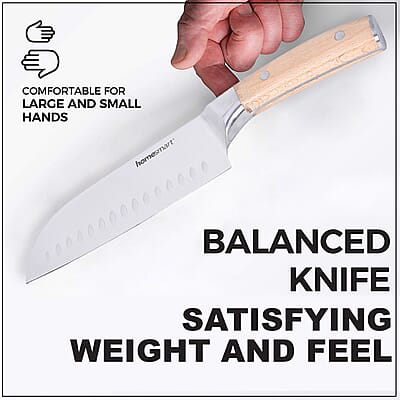 HOMESMART Santoku Chef's Knife in Stainless Steel with Beige Wooden Handle | Stainless Steel Knife | Wooden Knife | Kitchen Knife
