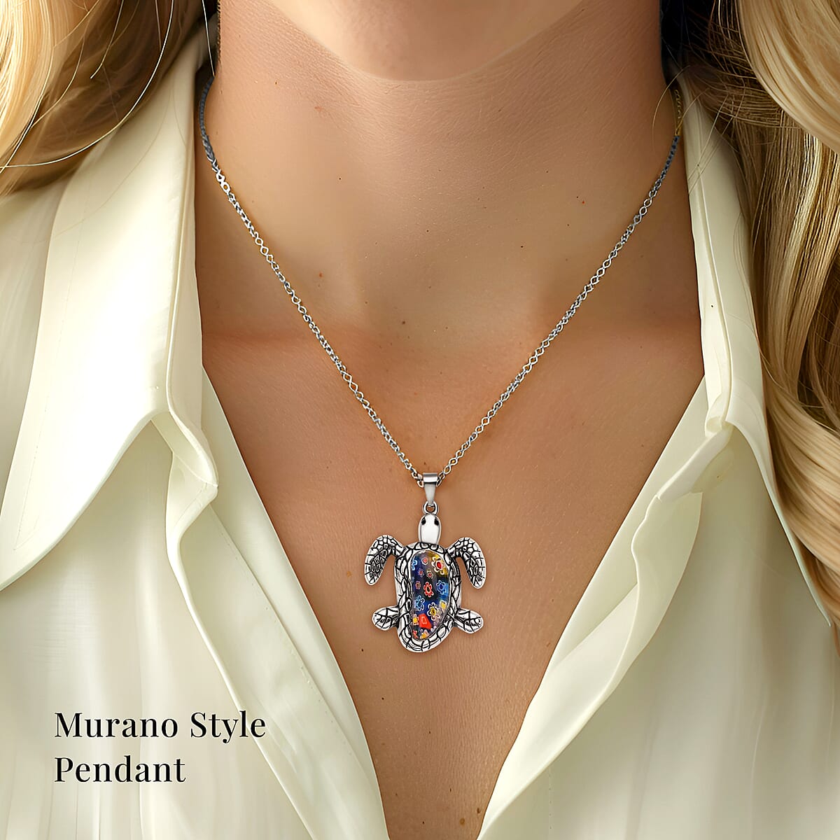 Multi Color Murano Style Turtle Pendant Necklace in Black Oxidized Stainless Steel 16-18 Inches image number 1