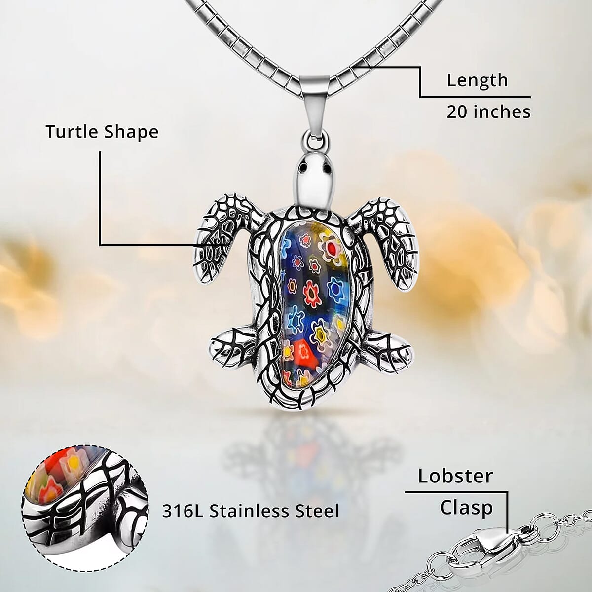 Multi Color Murano Style Turtle Pendant Necklace in Black Oxidized Stainless Steel 16-18 Inches image number 2