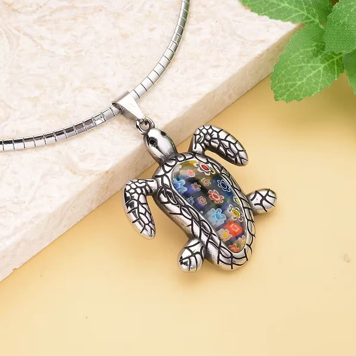 Multi Color Murano Style Turtle Pendant Necklace in Black Oxidized Stainless Steel 16-18 Inches image number 4