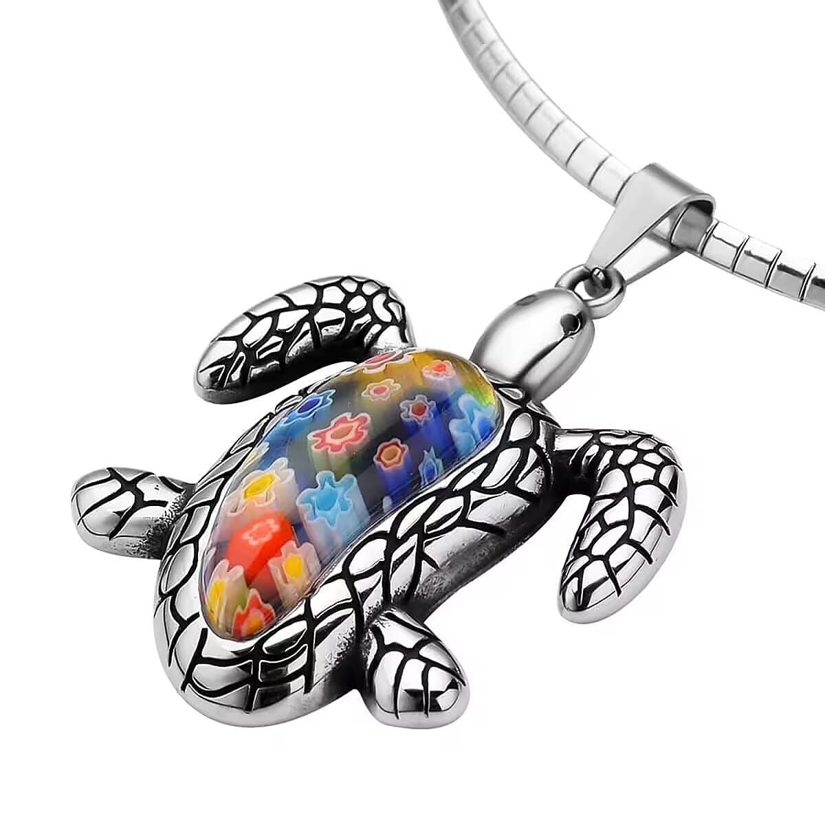 Multi Color Murano Style Turtle Pendant Necklace in Black Oxidized Stainless Steel 16-18 Inches image number 7