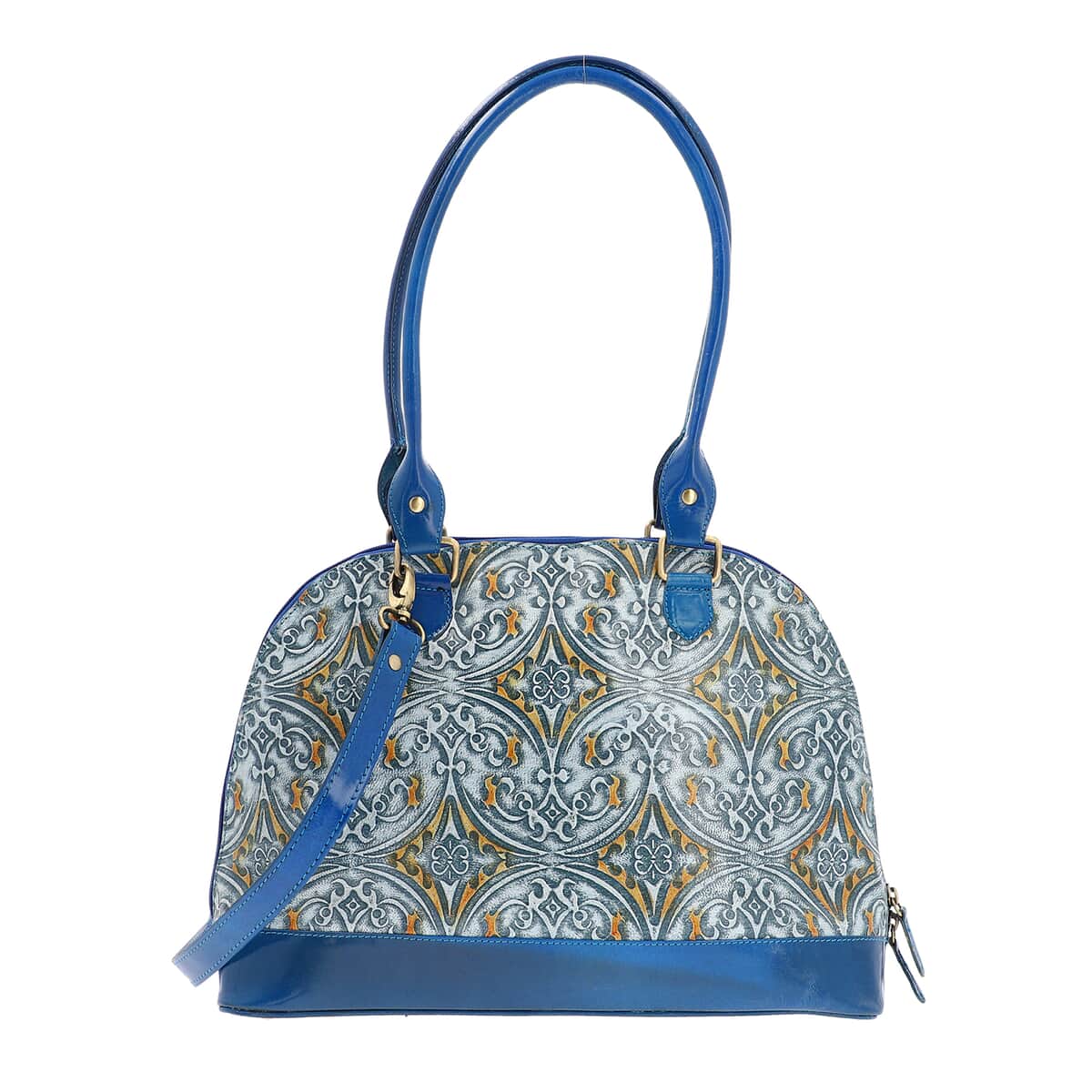 VIVID by SUKRITI Blue Damask Pattern Embossed 100% Genuine Leather Shoulder Bag image number 0