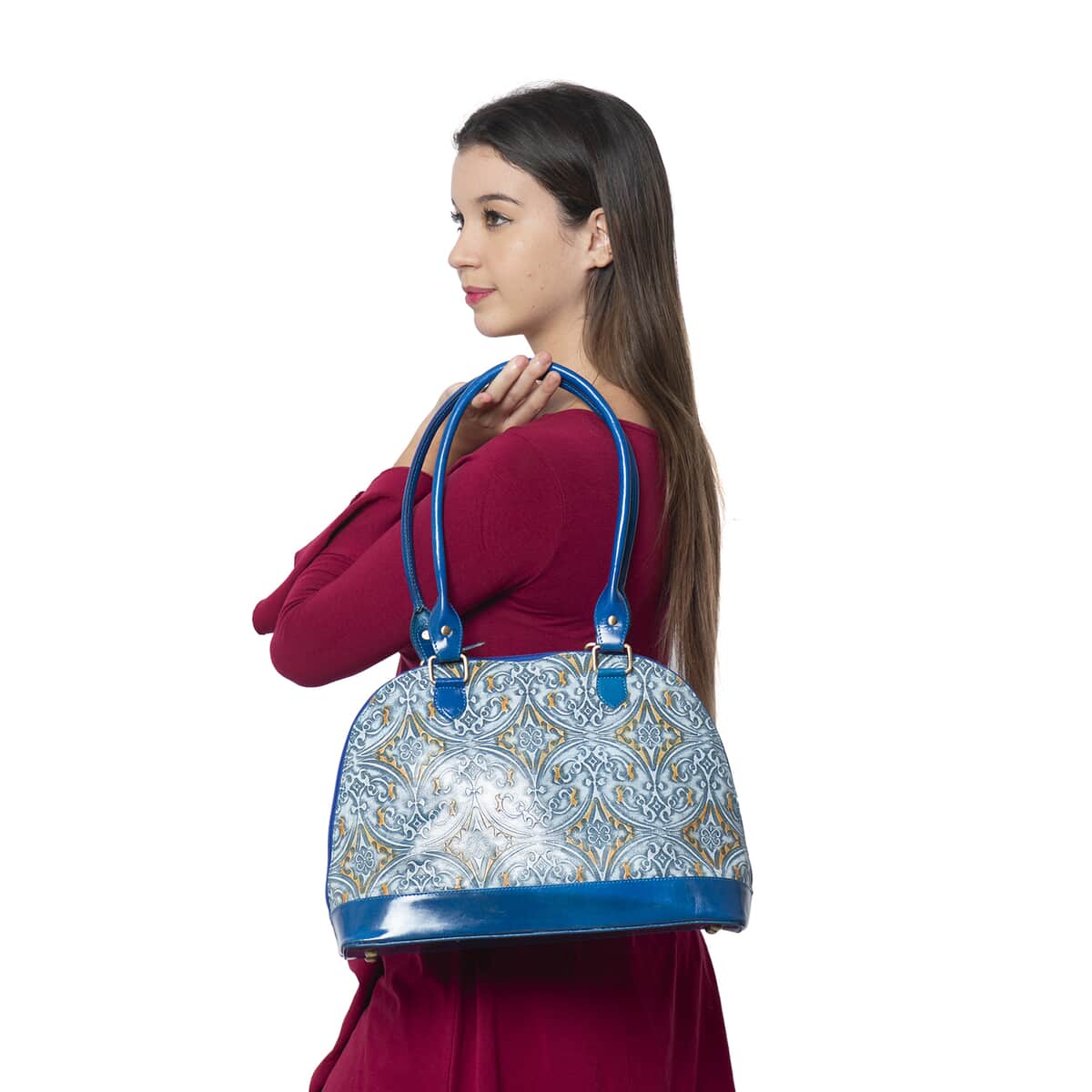 VIVID by SUKRITI Blue Damask Pattern Embossed 100% Genuine Leather Shoulder Bag image number 1