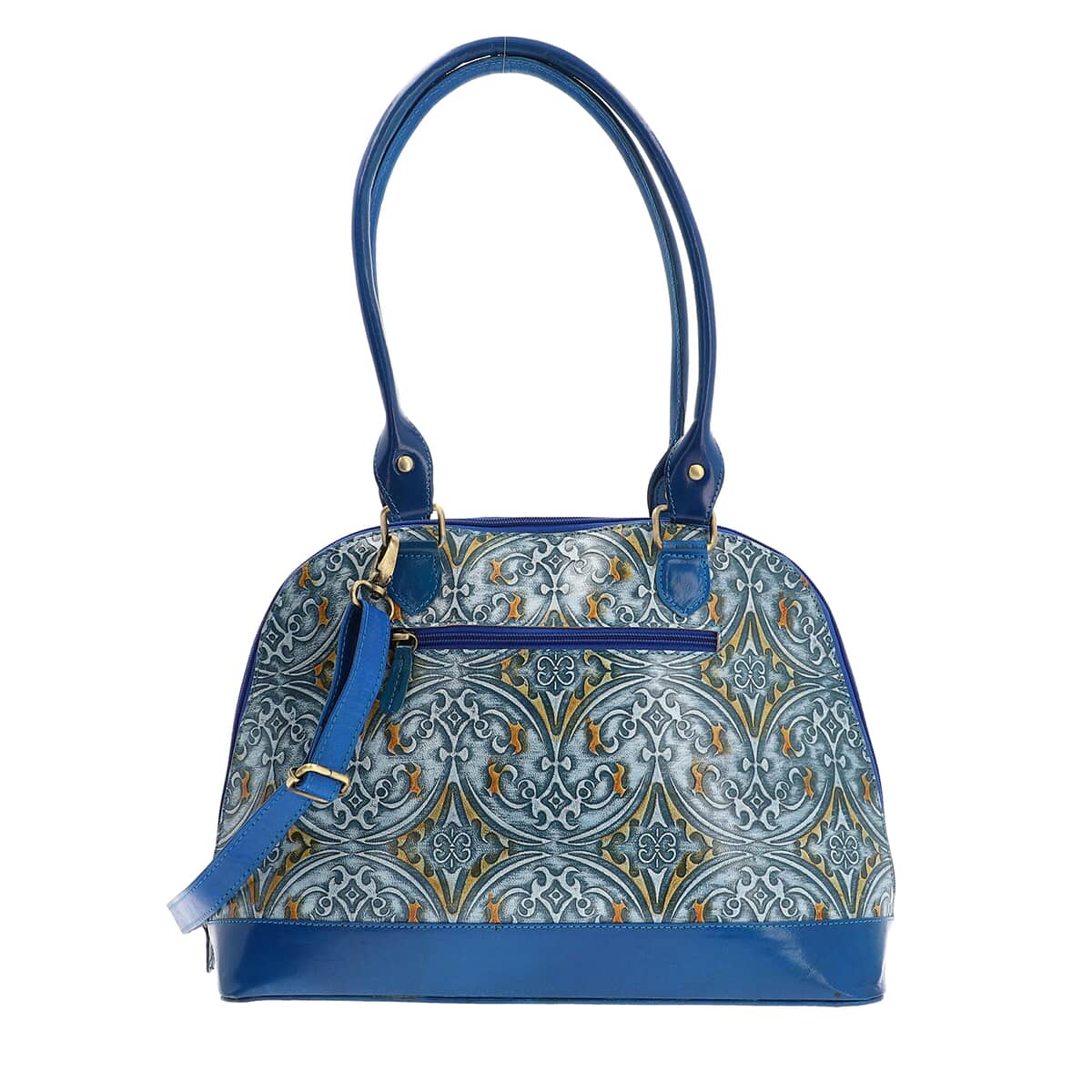 VIVID by SUKRITI Blue Damask Pattern Embossed 100% Genuine Leather Shoulder Bag image number 4