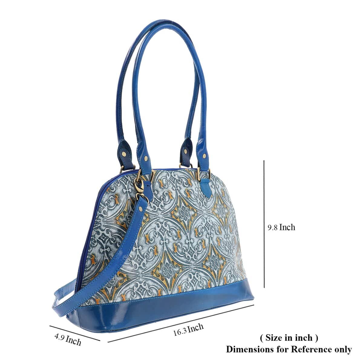 VIVID by SUKRITI Blue Damask Pattern Embossed 100% Genuine Leather Shoulder Bag image number 6