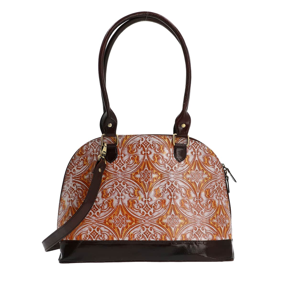 VIVID by SUKRITI Tan Damask Pattern Embossed 100% Genuine Leather Shoulder Bag image number 0