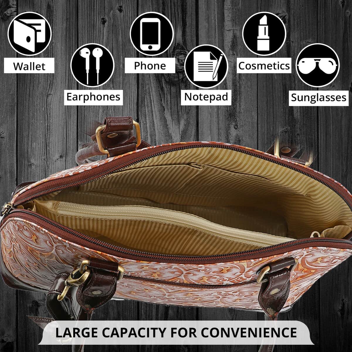 VIVID by SUKRITI Tan Damask Pattern Embossed 100% Genuine Leather Shoulder Bag image number 3